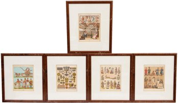 Set Of Five Signed Firmin Didot Paris Framed Original Color Lithographs