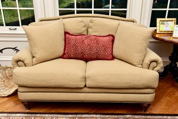 Thomasville Upholstered Loveseat With Throw Pillows And Studded Detail