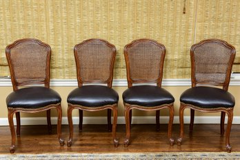 Set Of Four Ottavio's Woodworking Leather And Cane Back Side Chairs With Nailhead Stud Trim