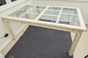 White Rustic Wood And Glass Top Dining Room Table With Two Leaves And Table Pads