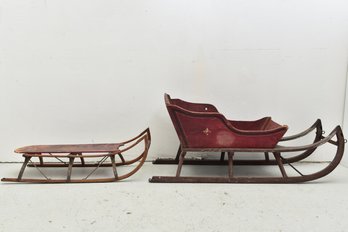 Antique Child's Push/ Pull Sled Together With A Victorian Childs Sled W/ Original Paint