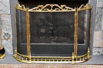 Triptych Folding Mesh Screen With Scrolled Brass Frame