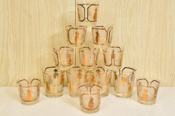 Set Of Thirteen Mid-century Gilt Pineapple Themed Glasses