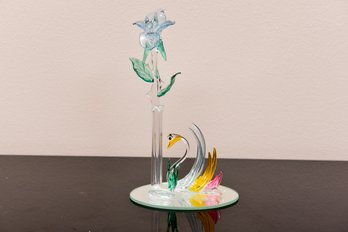 Italian Art Glass Swan With Vase And Flowers On Mirrored Tray - Purchased In Italy