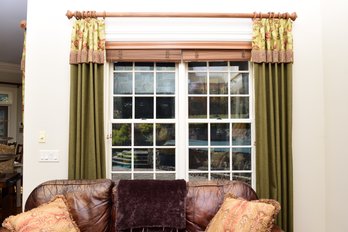 Pair Of Custom Made Fully Lined Drapery Panels With Fringe, Wood Rods And O Rings