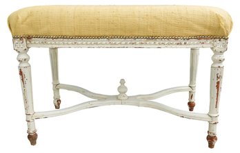 French Louis XVI Style Painted Wood Raffia Upholstered Bench