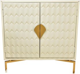 Modern White Wood Wave Cabinet With Metal Doors And Gilt Frame