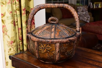 Bamboo And Wood Leaf Design Covered Basket With Handle