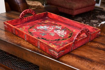 Red Wooden Tray With Pretty Floral Details