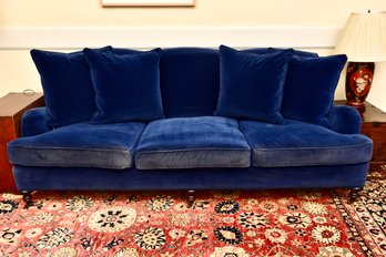Williams-Sonoma Striking Royal Blue Three Cushion Velvet Sofa With Four Matching Throw Pillows