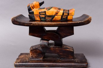 Hand Carved Wooden Ashanti Stool And Sarcophagus Figurine