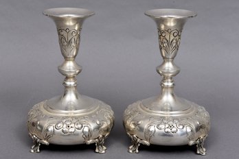 Pair Of Dunham Hand Chased Sterling Silver 638 Candlestick Holders