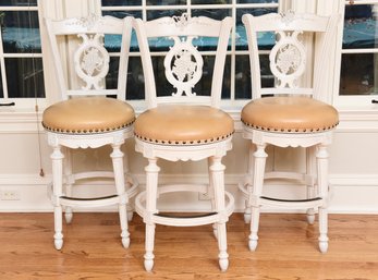 Set Of Three Frontgate Provencal Grapes Leather Bar Height Swivel Stools