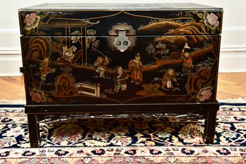 Chinese Hand Painted Black Lacquer Chest With Stand