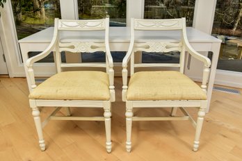 Pair Of French Louis XVI Style Painted Wood Arm Chairs With Raffia Upholstered Seat Cushions