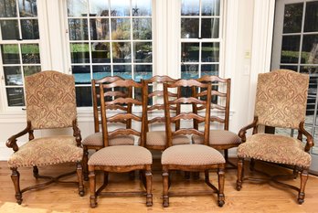 Set Of Seven Thomasville Dining Ladderback And Upholstered Arm Chairs