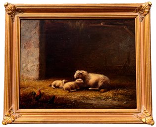 Oil On Board Painting Depicting An East Friesian Sheep With Baby Lambs And Chickens In Gilt Wood Frame