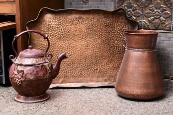 Collection Of Copper Items And More - Tray, Kettle And Vase