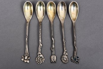 Set Of Five Art Nouveau Sterling Silver Spoons