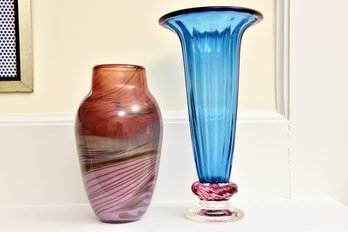 Pair Of Signed Hand Blown Art Glass Vases