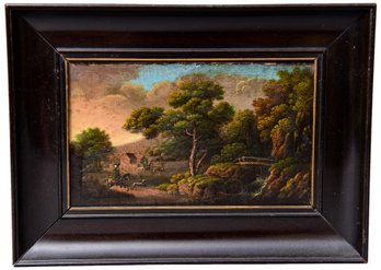 Oil On Board Painting Of A Hunting Scene Amongst A Lush Landscape