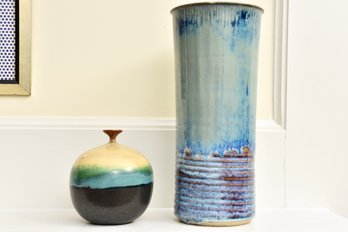 Chilmark Blue Pottery Glazed Vase And Signed Ceramic Studio Pottery Vase