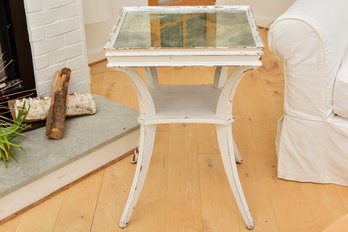 Vintage Painted Distressed Wood Side Table With Desilvered Mirrored Top