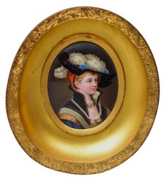 Victorian Hand Painted Porcelain Portrait Plaque In Wood Frame With Metal Backing