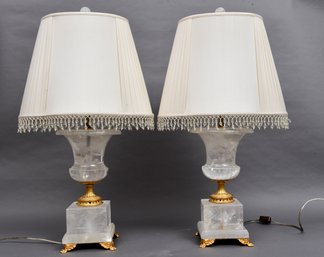 Pair Of Stunning Rock Crystal Urn Form Gilt Paw Foot Table Lamps With Beaded Fringe Shades