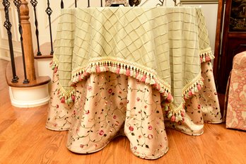 Custom Embroidered Tablecloth With Tassled Topper And Wooden Dummy Table