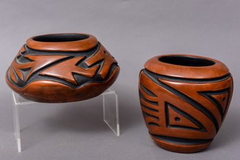 Pair Of Signed CG (Carol Grace Loretto) Hand Coiled And Burnished Pottery Vases Jemez Pueblo