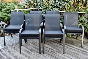 Set Of Six Stackable Mesh And Aluminum Outdoor Patio Arm Chairs With Cushions And Covers