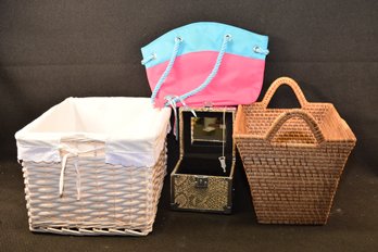 2 Pretty Wicker Baskets- One W/ A Cloth Liner, Escada Bag, Locking Jewelry Box W/ Snake Skin - Like Exterior