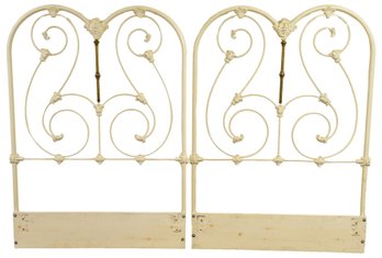 Pair Of Vintage White Cast Iron And Brass Twin Size Headboards