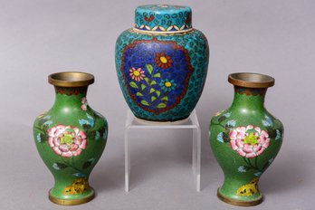 Pair Of Chinese Cloisonne Vases And A Lidded Ginger Jar