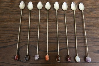 Set Of Eight Vintage Ice Tea Stirrer Spoons With Semi-Precious Stones