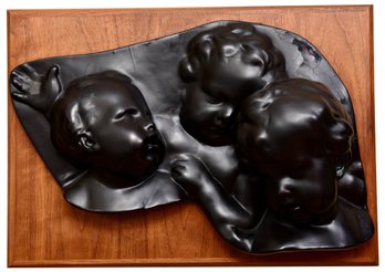 Antique Triple Head Sculpture Mounted On Wooden Base
