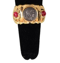 Gold Plated Gripoix Glass Napoleon Stone Coin Ring (size 8 1/2)