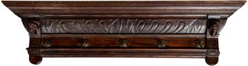 Carved Mahogany Fireplace Mantel / Shelf With Brass Hooks
