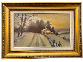 Antique Oil On Board Of A Winter Landscape Of A House Signed Stoddard ? In Nice Gold Gilt Frame(B-25)