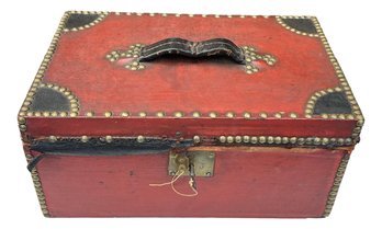 Antique Red Painted Box With Leather Trim