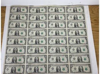 An Uncut Sheet Of 32 (Series 1988A) Dollar Bills