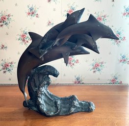 Four Cast Bronze Wave Jumping Dolphins Sculpture