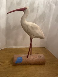 Sculpture: Woodworked Bird On Log, Red Legs And Beak