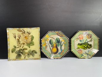 Vintage Hexagonal  Plates Fruit Pattern  And Floral Celedon Glass Plate Decorative