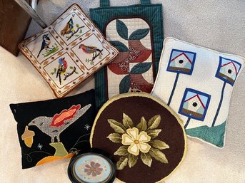 Grouping Of Handmade Folk Art Rug Hooked Cushion, Felted & Needle Work Pillow & More