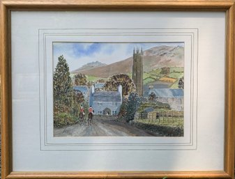 Signed 20th C. Watercolor Of English Pastoral Countryside Scene With Riders.