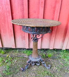 Metal And Wicker Basketweave Accent Table