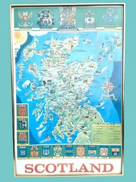 Scotland - Historical Map Of Scotland Illustrated Clan Crest . Framed - Rare Vintage