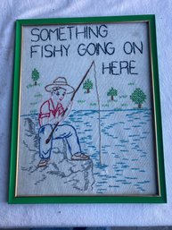 Original Hand Crafted Needlepoint 'Something Fishy Going On Here' Framed